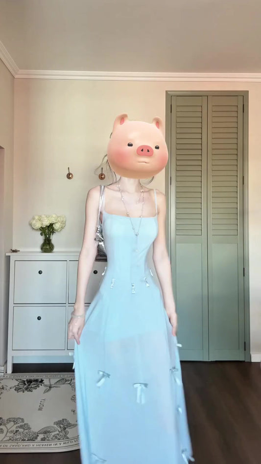 One dress for multiple wears, holiday style blue bow suspender dress, gentle temperament, beautiful long dress R0446