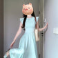 French blue small flying sleeve dress for vacation, beautiful, unique, gentle, waist-length dress R0448