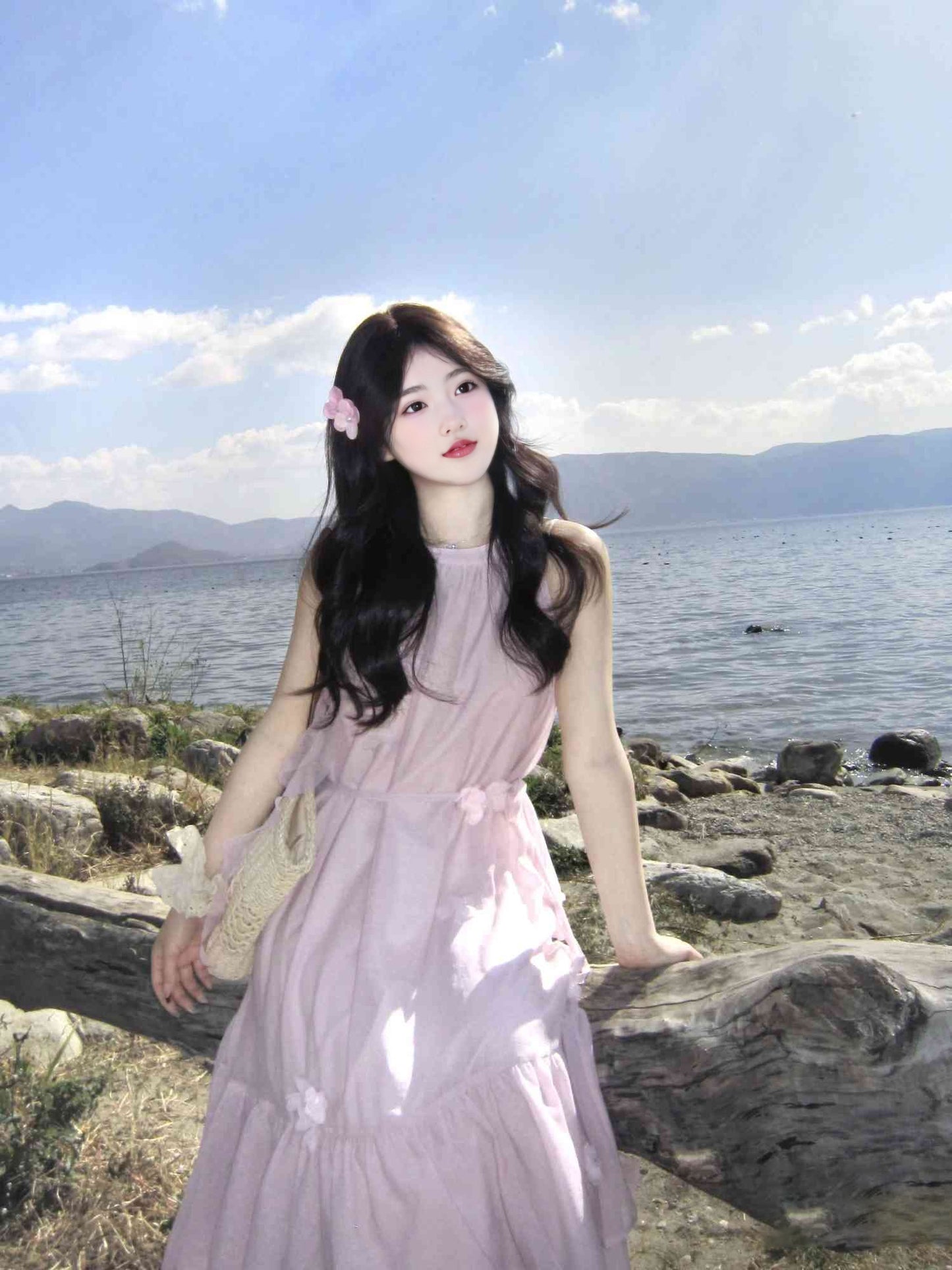 Gentle and sweet style pink sleeveless halter dress holiday style super beautiful loose skirt R0439