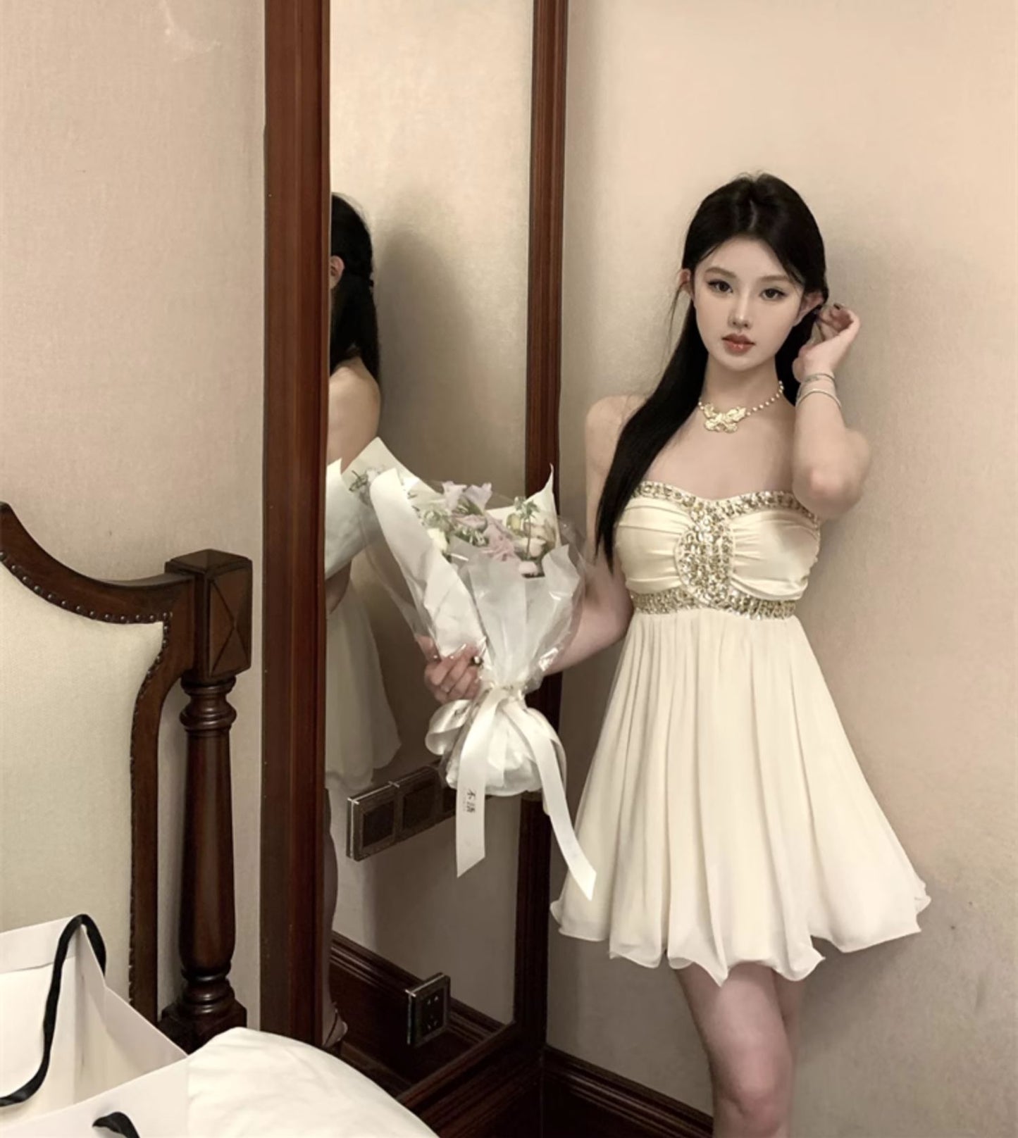 Sexy one-shoulder tube top dress with diamonds R0538