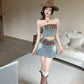 Colorblock retro chic collarbone exposed denim tube top vest high waist slim skirt Hong Kong style suit R3710