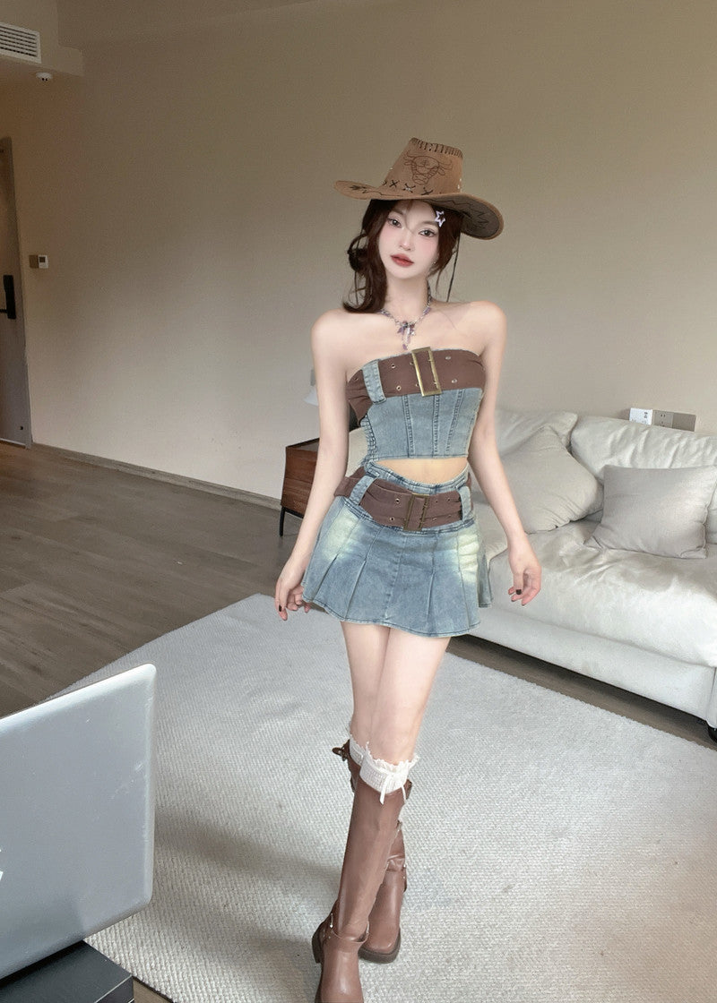 Colorblock retro chic collarbone exposed denim tube top vest high waist slim skirt Hong Kong style suit R3710