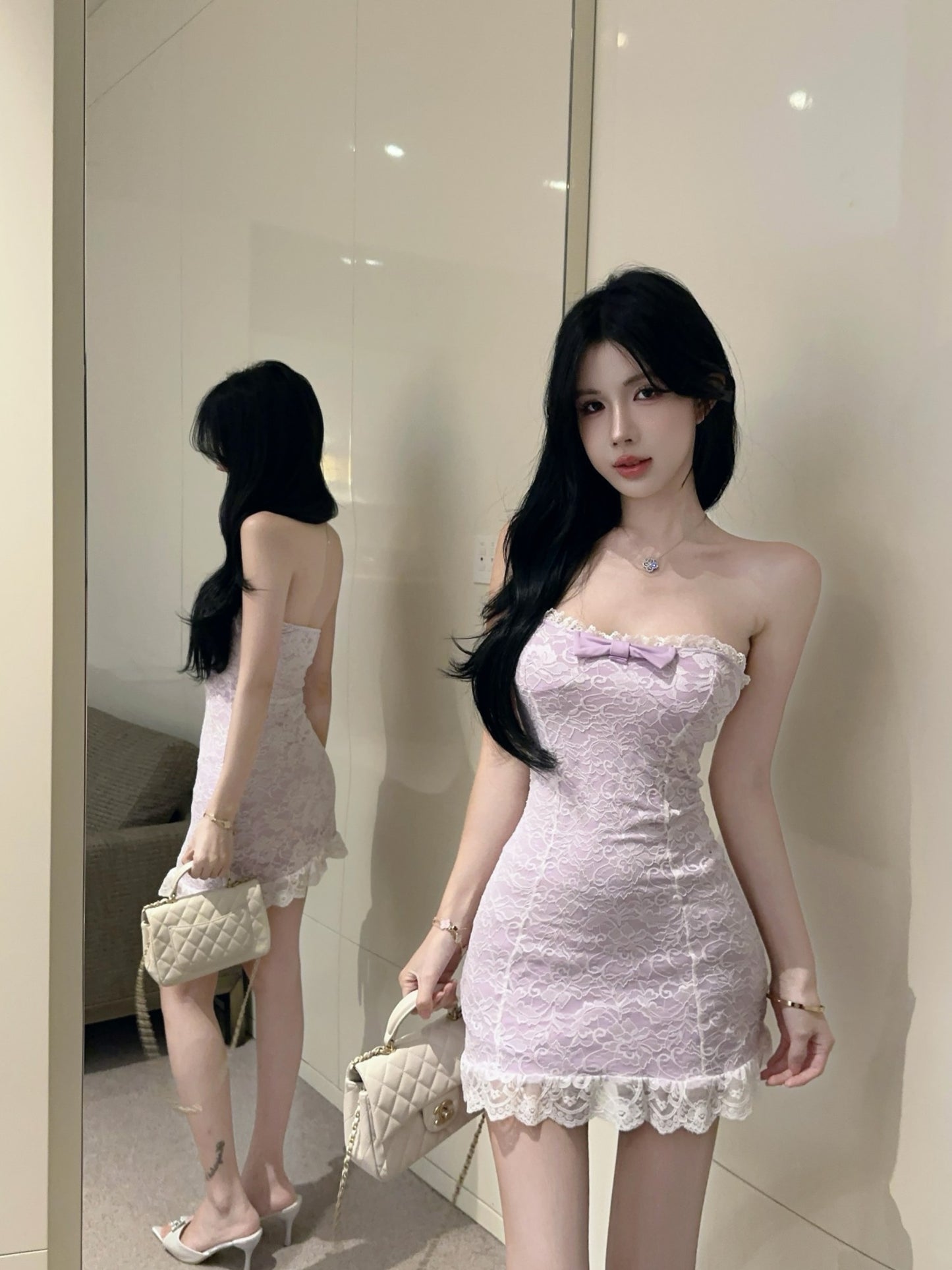 Pure lace tube top dress with bowknot slim fit petite French sexy hip skirt R3668