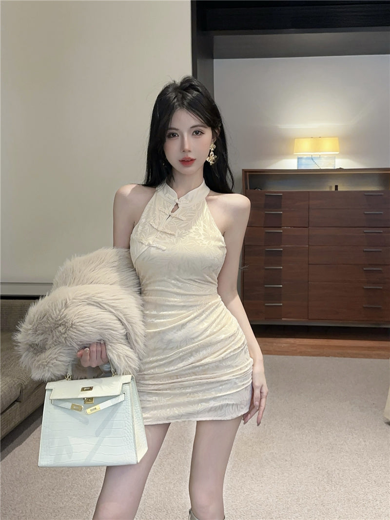 New Chinese style sexy cheongsam French sexy high waist temperament slim short sleeveless dress R3709