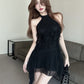 Halter neck ribbon backless little black dress irregular sexy slim fit ruffled dress for women R3708