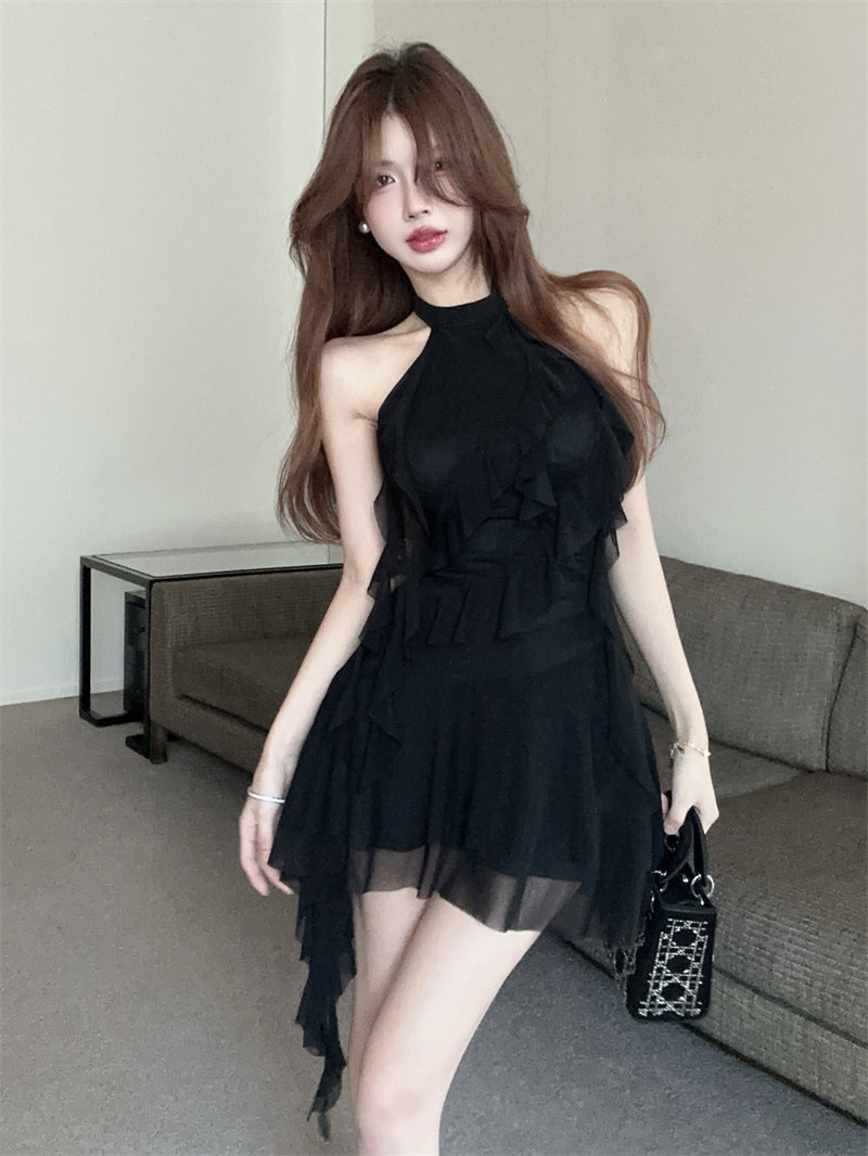 Halter neck ribbon backless little black dress irregular sexy slim fit ruffled dress for women R3708