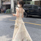 Tea break French floral dress seaside holiday style irregular fairy long dress R0035