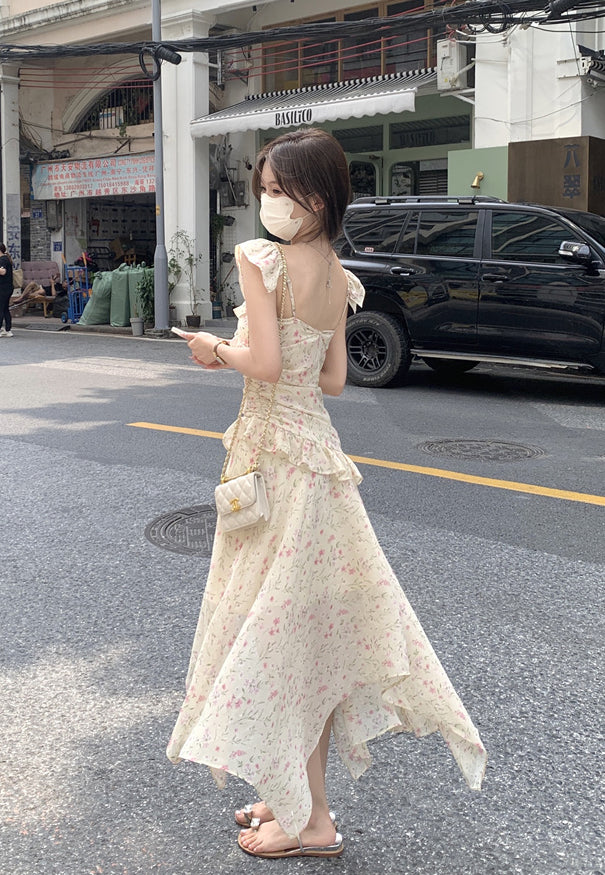 Tea break French floral dress seaside holiday style irregular fairy long dress R0035