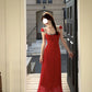 Tea break French floral dress 2025 new slim retro red holiday style long skirt R0045