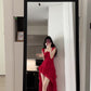 Retro red flower suspender dress irregular beautiful waist a-line beach dress R0697