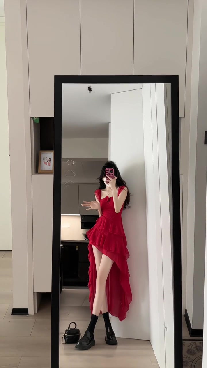 Retro red flower suspender dress irregular beautiful waist a-line beach dress R0697