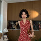 Retro red v-neck floral halter dress with waist and backless beautiful temperament long dress R0698