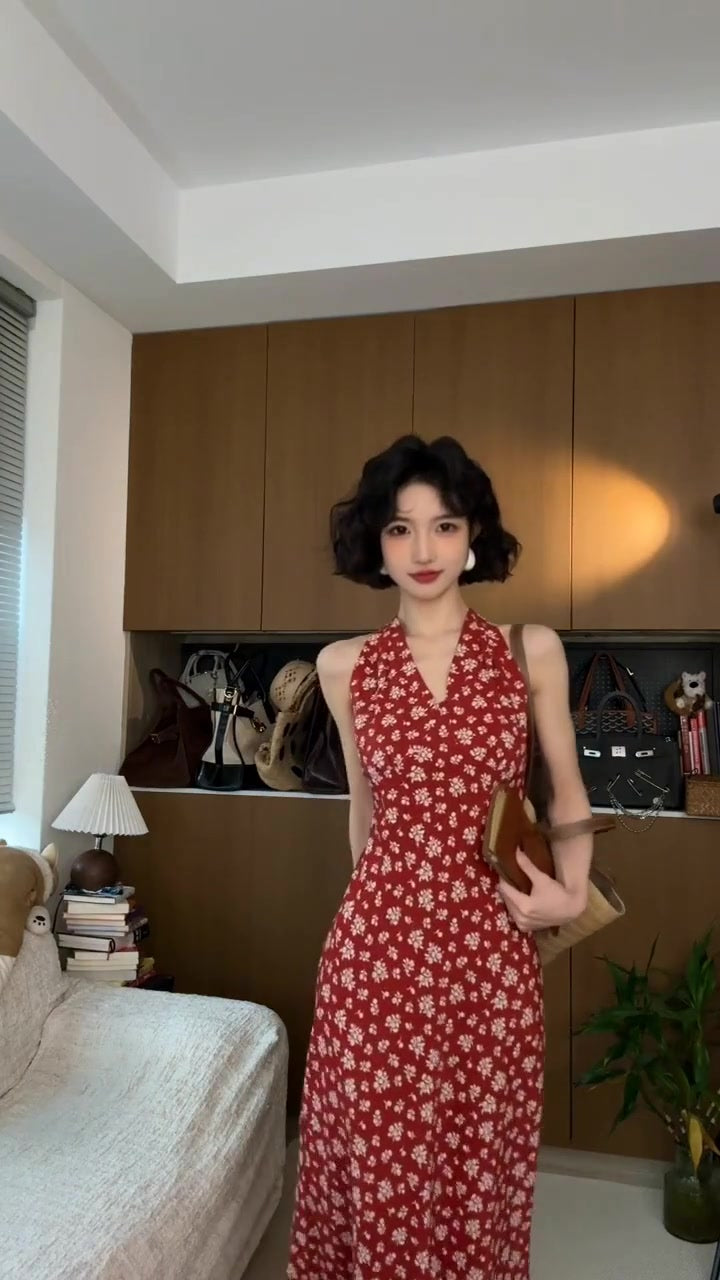 Retro red v-neck floral halter dress with waist and backless beautiful temperament long dress R0698
