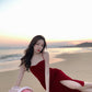 Retro red velvet suspender dress French style temperament small dress R1465