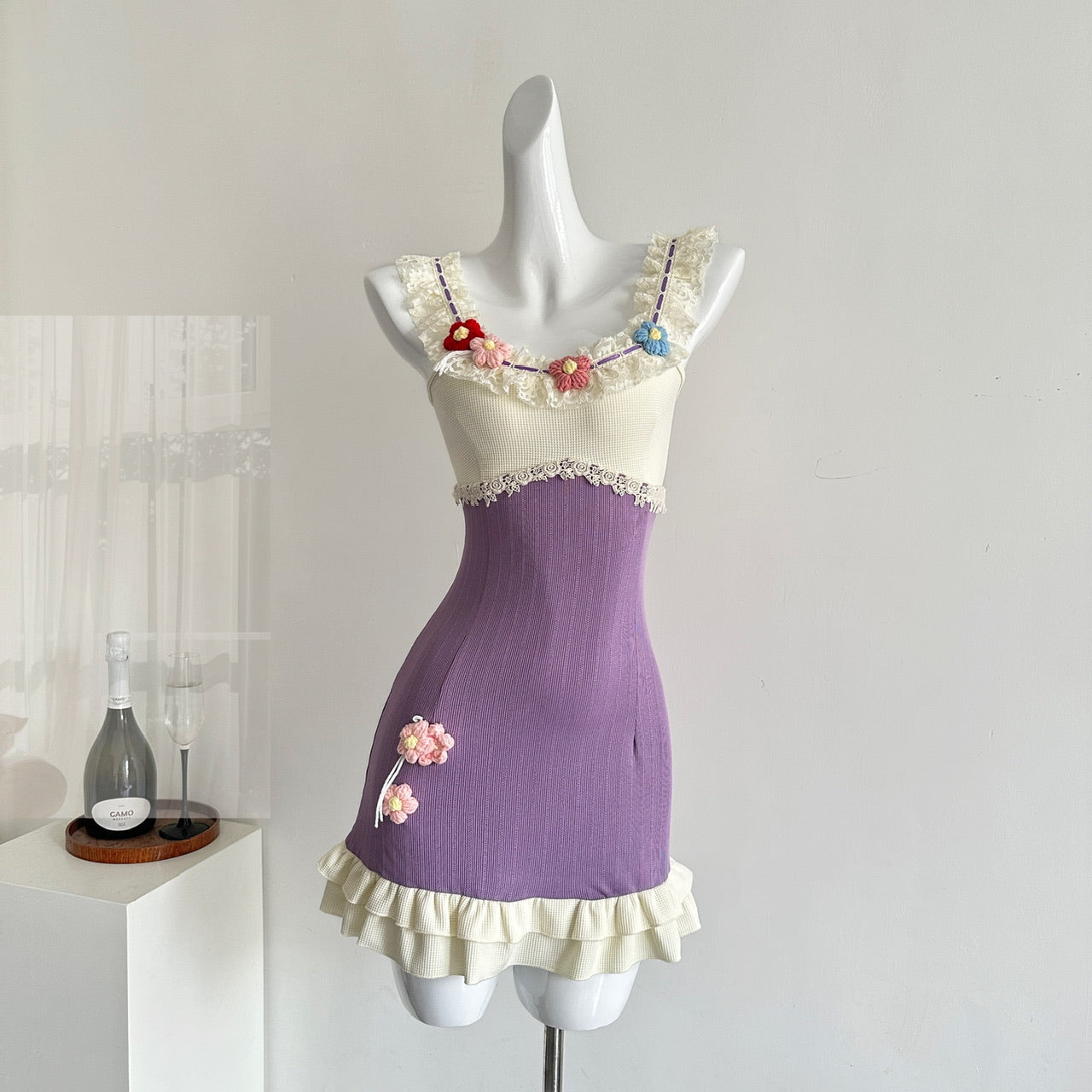 Purple summer sweet slim knitted short patchwork dress R2121