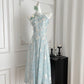 French sweet green sleeveless halter neck floral dress 2025 new atmosphere long dress R2123