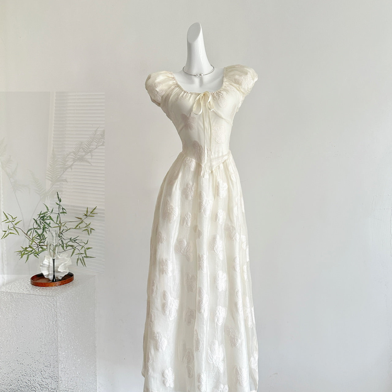 Jacquard French Puff Sleeve Waist Dress Long Dress A-Line Skirt R2120