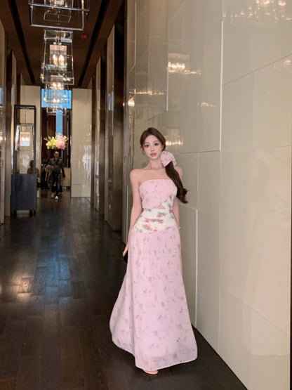 Gentle style pink floral hollow one-shoulder dress with waist A-line long skirt R0612