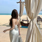 Blue v-neck hollow sleeveless halter dress temperament waist banquet dress R0547