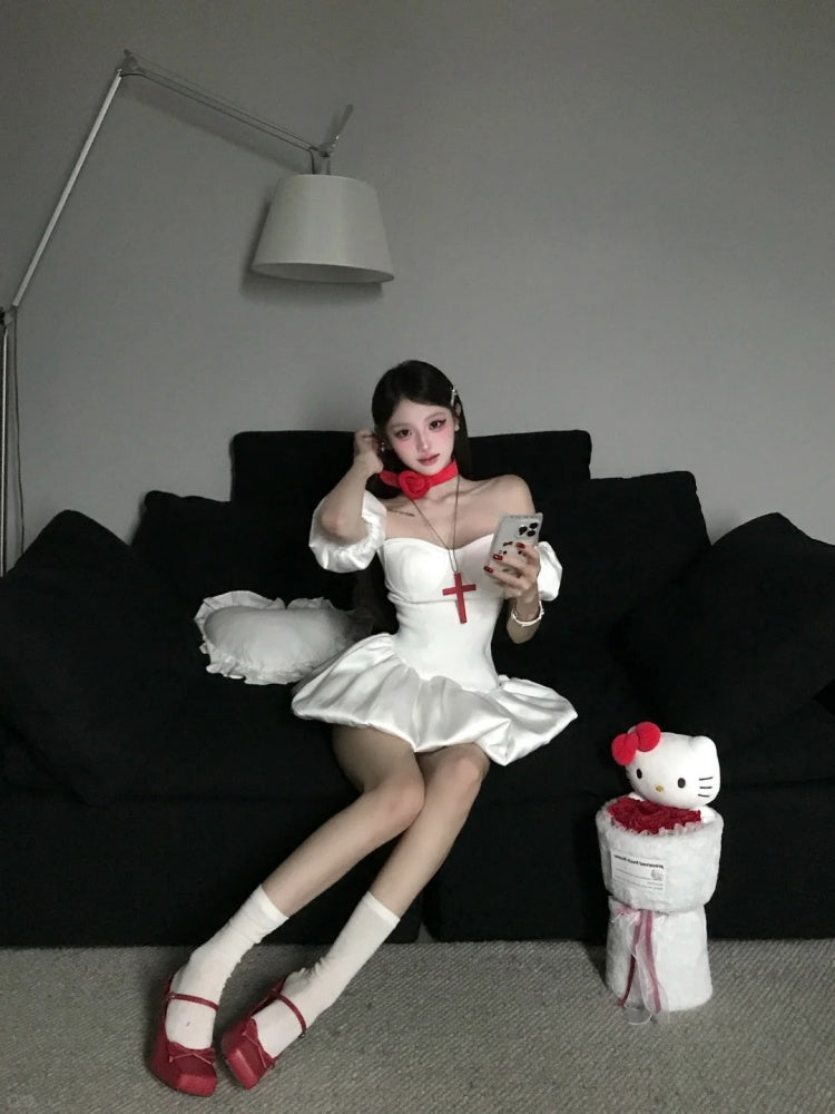 French style white puff sleeve one shoulder dress beautiful summer princess dress homecoming dress R3018