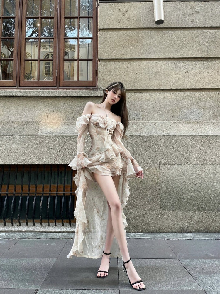 French pure desire style ruffle irregular dress female temperament high-end sexy homecoming dress R3007