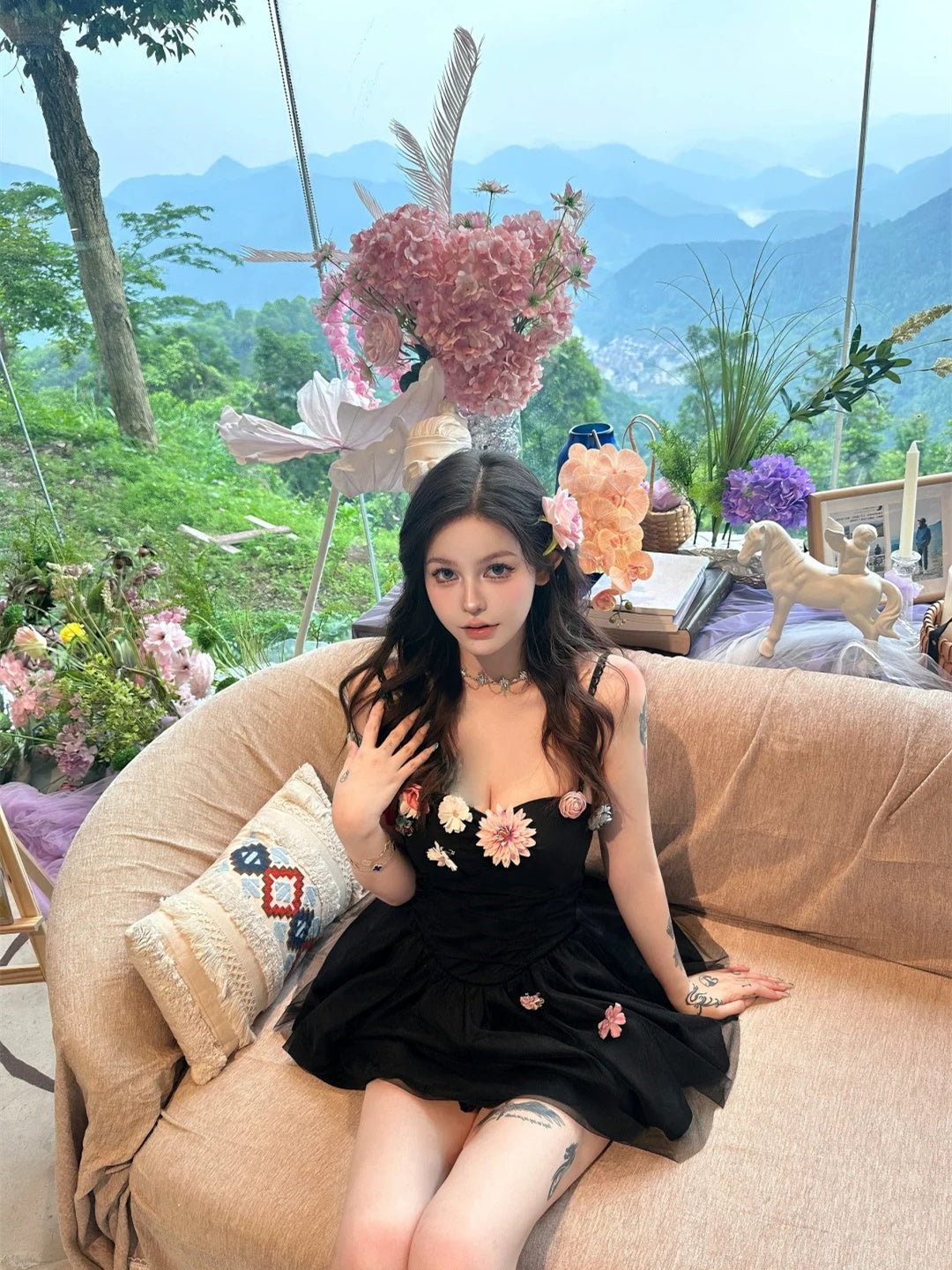 Three-dimensional flower suspender dress summer irregular skirt fishbone waist homecoming dress R3008