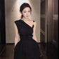 French black off-shoulder irregular pleated vest top bud skirt two-piece homecoming dress R3024