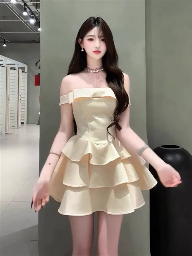 Princess Tutu Summer French Thousand Gold Bow One Shoulder Light Luxury Dress Homecoming Dress R3022