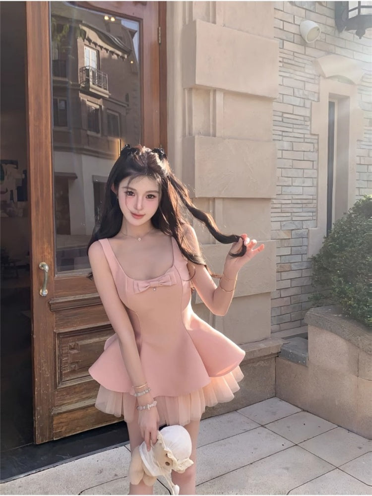 Sweet temperament square collar pink dress female summer new style puffy princess dress homecoming dress R3014