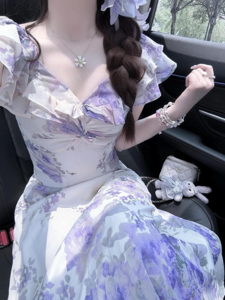 Purple chiffon floral dress for women 2025 summer beautiful waist long dress homecoming dress R3013