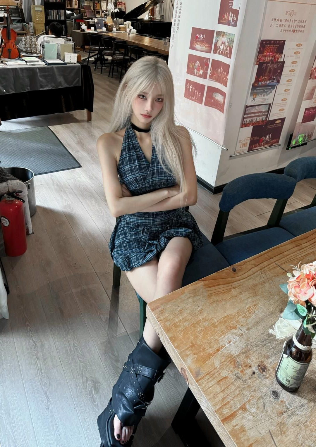 Navy plaid top suit summer American sweet hot girl halter neck vest short skirt suit homecoming dress R3009