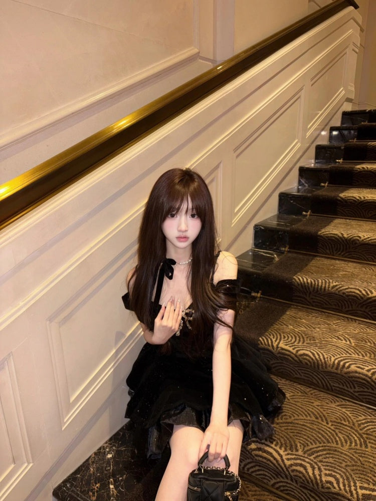 Black velvet dress women's summer princess dress waist puffy skirt homecoming dress R3020