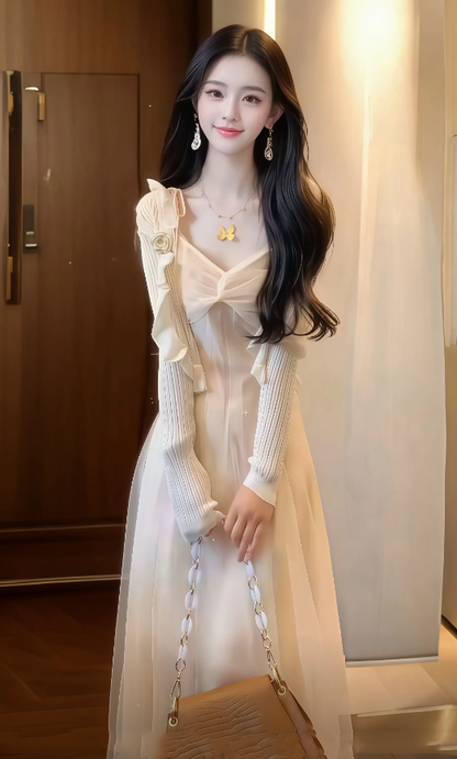 Gentle and elegant mesh suspender dress, beautiful waist and elegant long skirt R0490