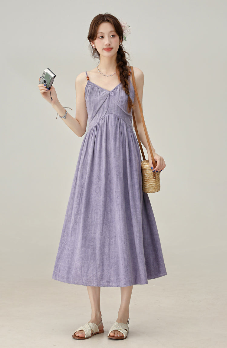 Retro Gentle Style Purple White Suspender Dress Women's Holiday Long Dress R1953