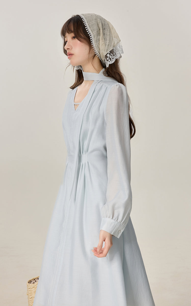 Temperament gentle style blue V-neck dress female 2025 new style skirt R1954