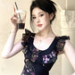 Holiday design small flying sleeves black floral dress slim fit temperament hip long skirt R1785