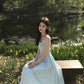 Gentle temperament blue polka dot suspender dress beautiful waist A-line long skirt R0714