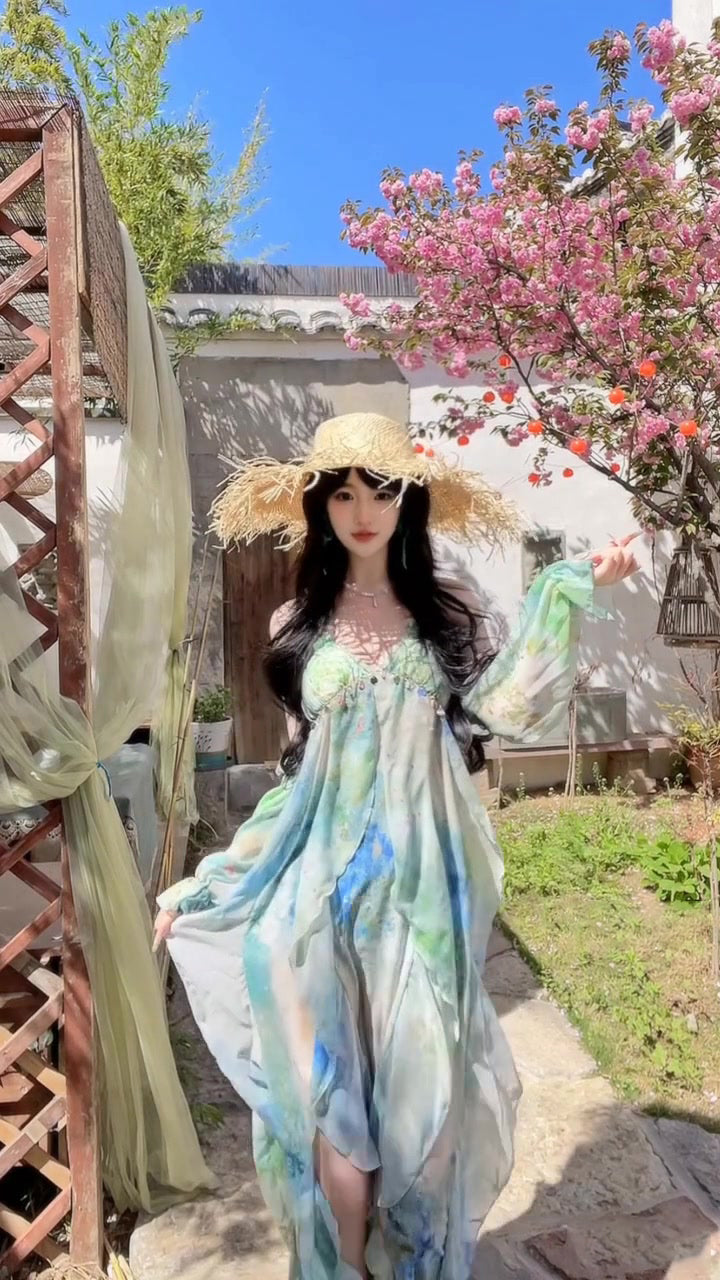 Blooming floral halter dress holiday style beautiful dress R0716