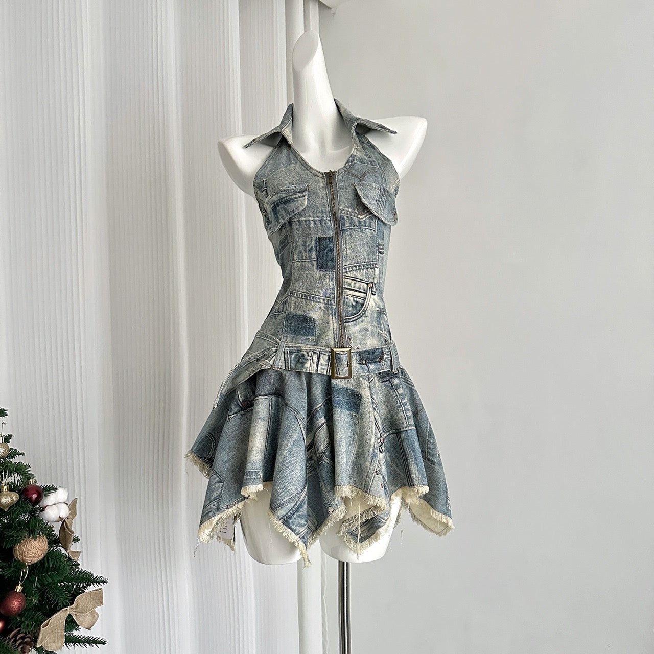 Waist halter neck denim dress distressed retro slim short skirt R2051