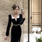 Hepburn style French black dress high-end niche temperament square neck long sleeve dress R1793