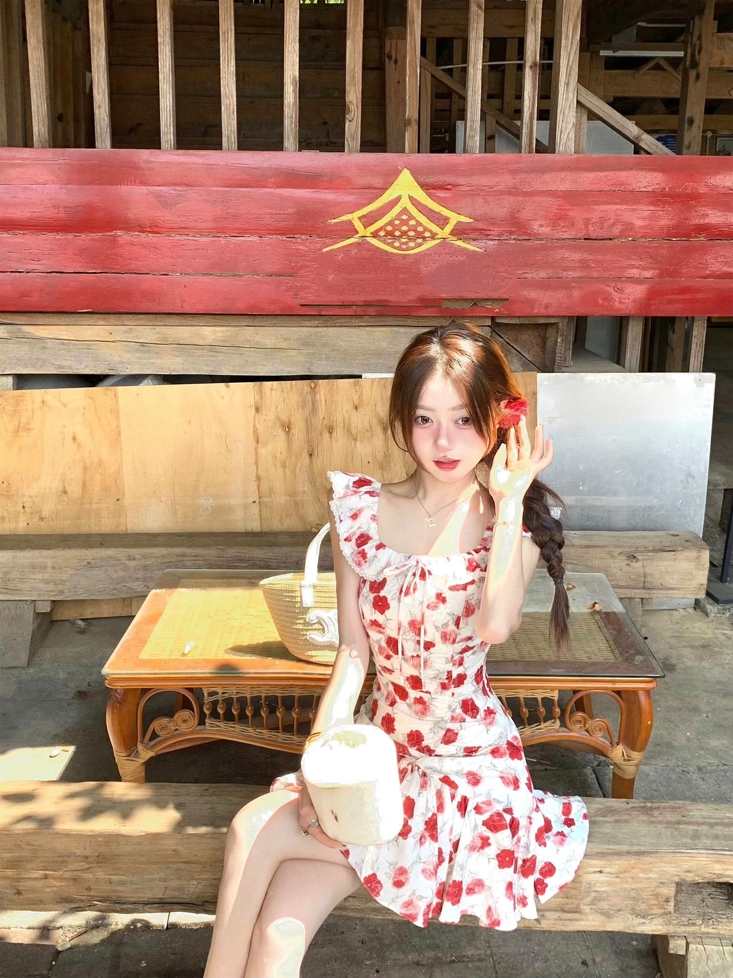 Holiday white retro red floral dress waist summer beautiful small flying sleeves dress R3824