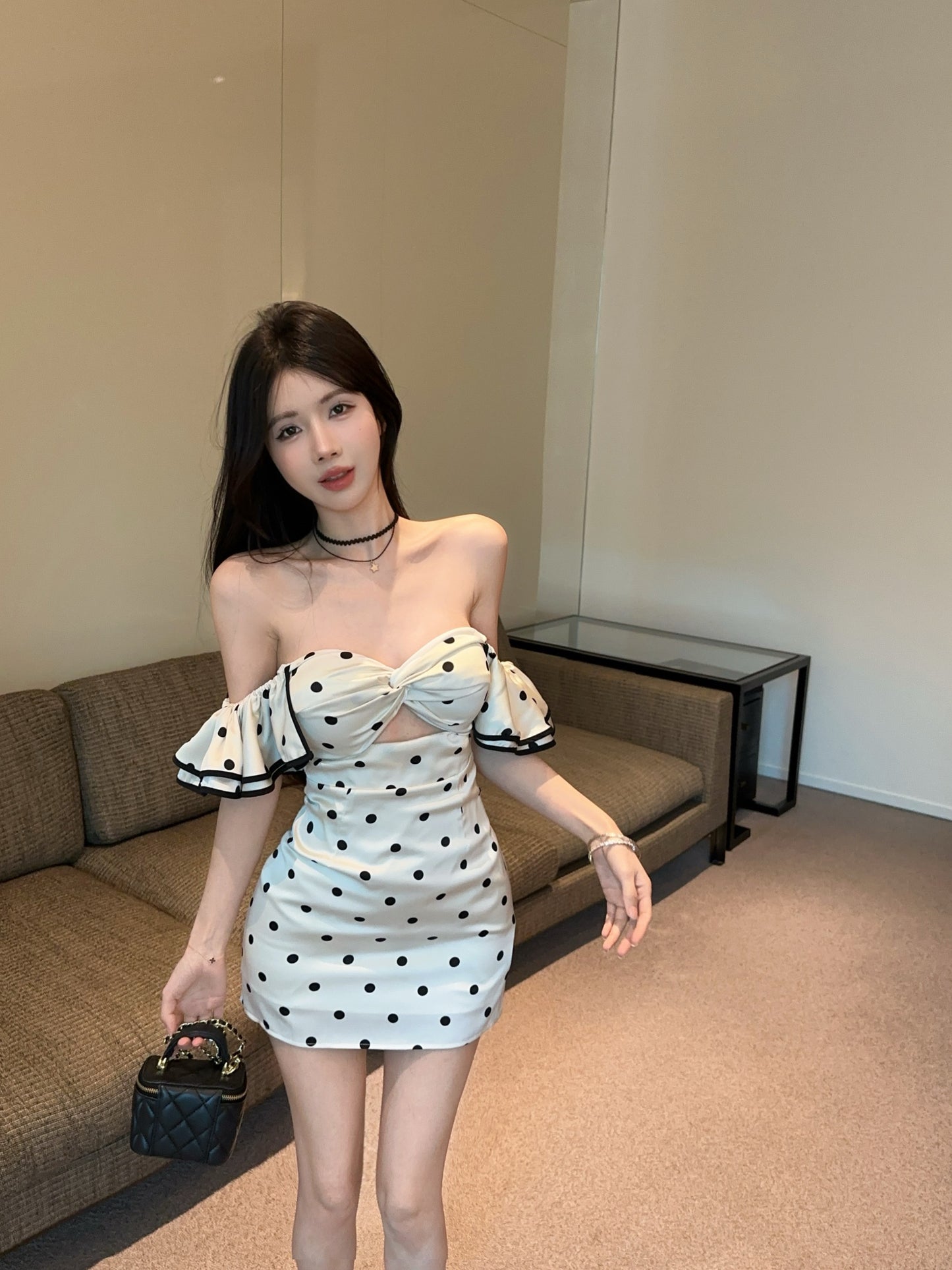 French sexy polka dot tube top dress sweet spicy high waist slim fit off shoulder hip skirt R3792