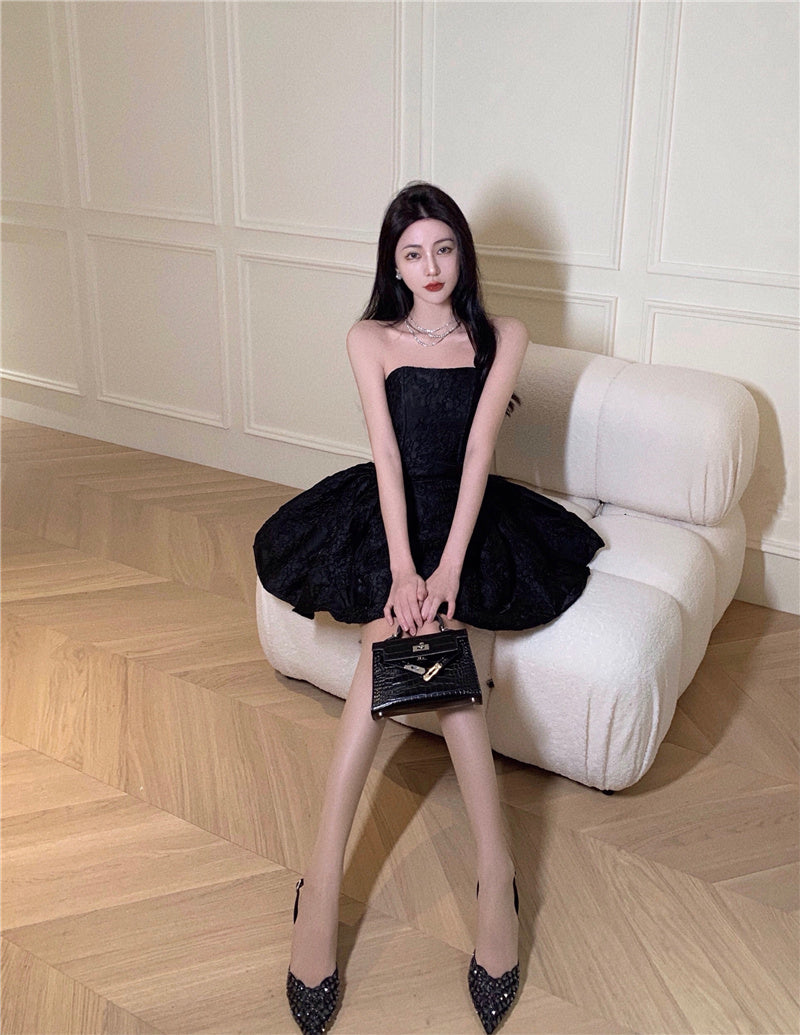 French Hepburn style high-end puffy short skirt 2025 summer new sexy tube top dress R3793