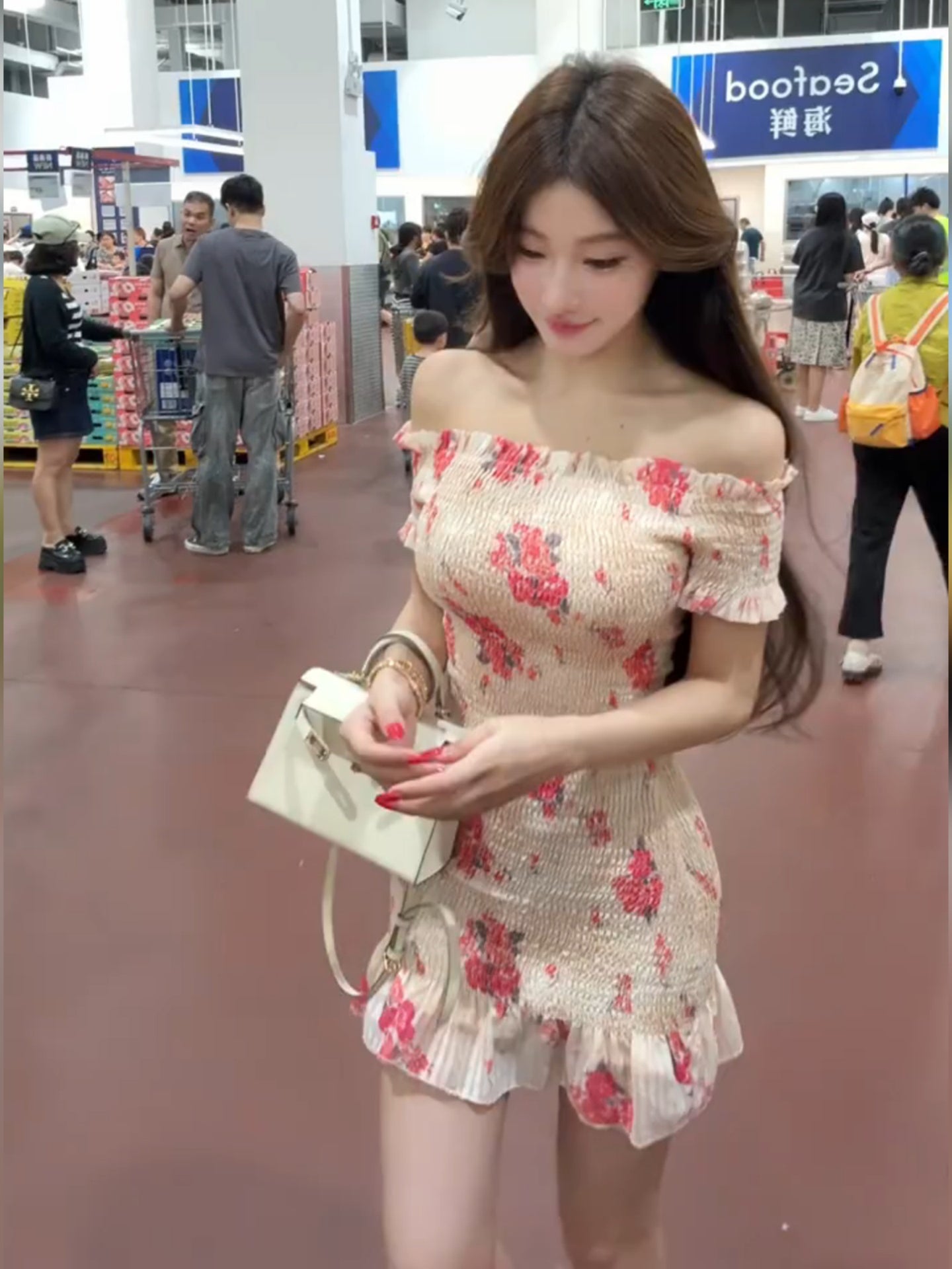 French style beautiful pink printed one-shoulder women's summer slimming and slimming hip skirt R3597