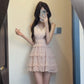 French sweet pink V-neck sleeveless women's summer temperament princess dress waist chiffon skirt R3600