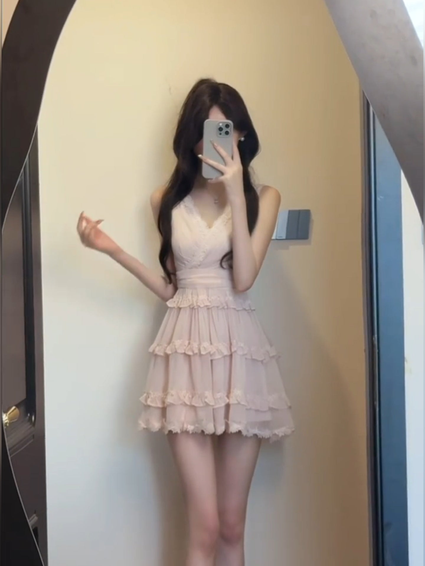 French sweet pink V-neck sleeveless women's summer temperament princess dress waist chiffon skirt R3600