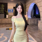 French yellow one-shoulder knitted dress for women in summer, slim waist and hip short skirt R3598
