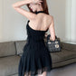 Halter neck ribbon backless little black dress irregular sexy slim fit ruffled dress for women R3708