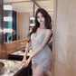 French sexy style irregular tassel skirt dress low-cut slim backless stitching slim hip skirt R3667
