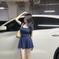 Pure desire style sexy dress summer high waist elastic slim fit solid color A-line short skirt R3671